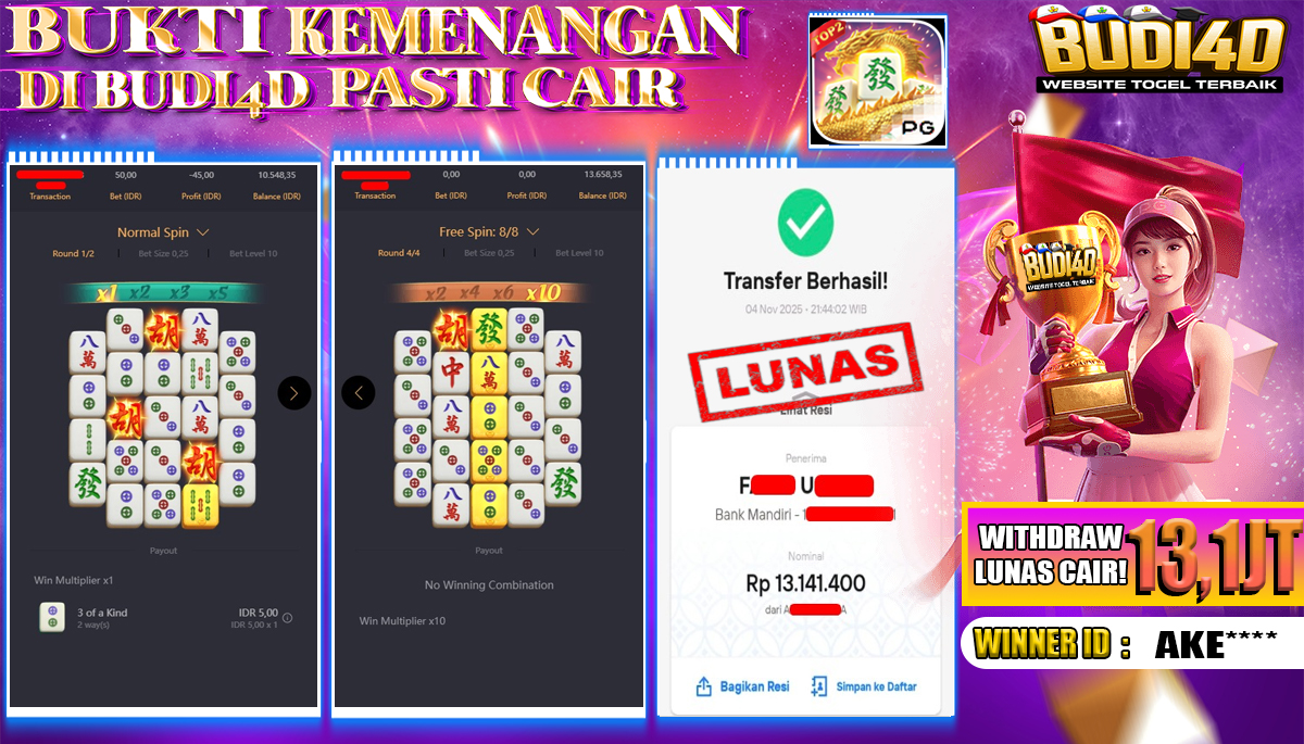 BUDI4D JACKPOT USER ID : AKE**** SLOT PG SOFT ( Mahjong Ways 2 ) Rp.13.141.400,- LUNAS